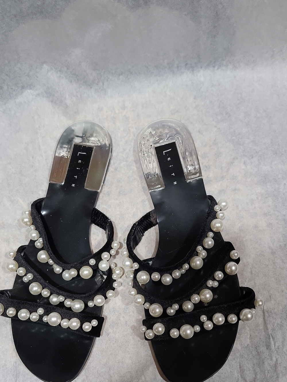 Leith Black Pearl-Trim Slide Sandals Size 8M